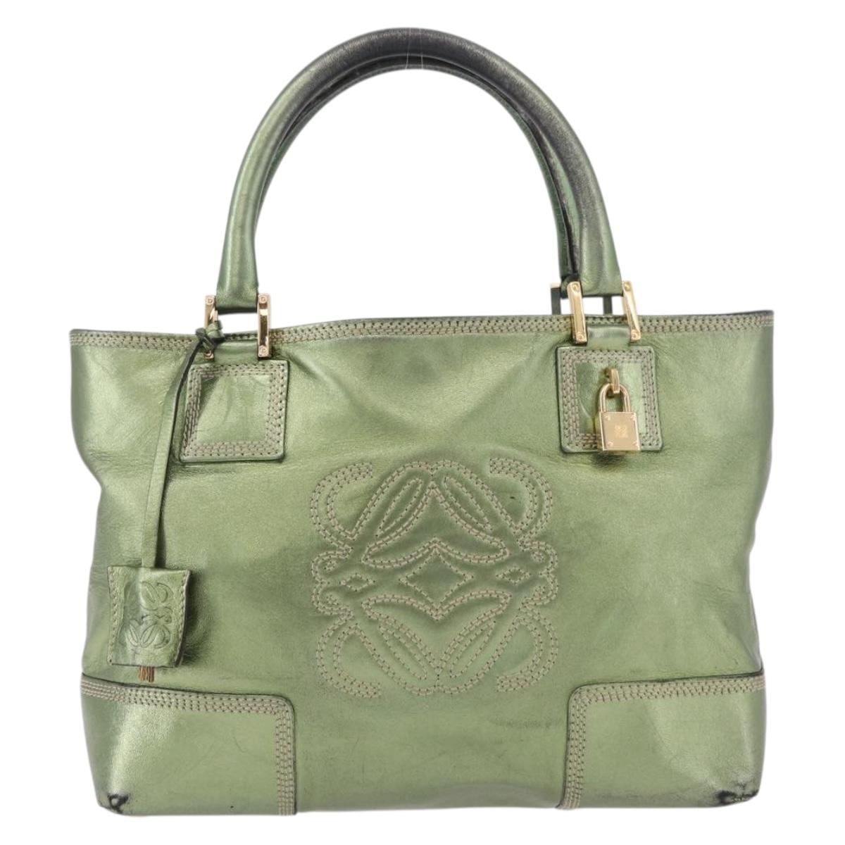 LOEWE Anagram Hand Bag Leather Green Gold Auth bs35915