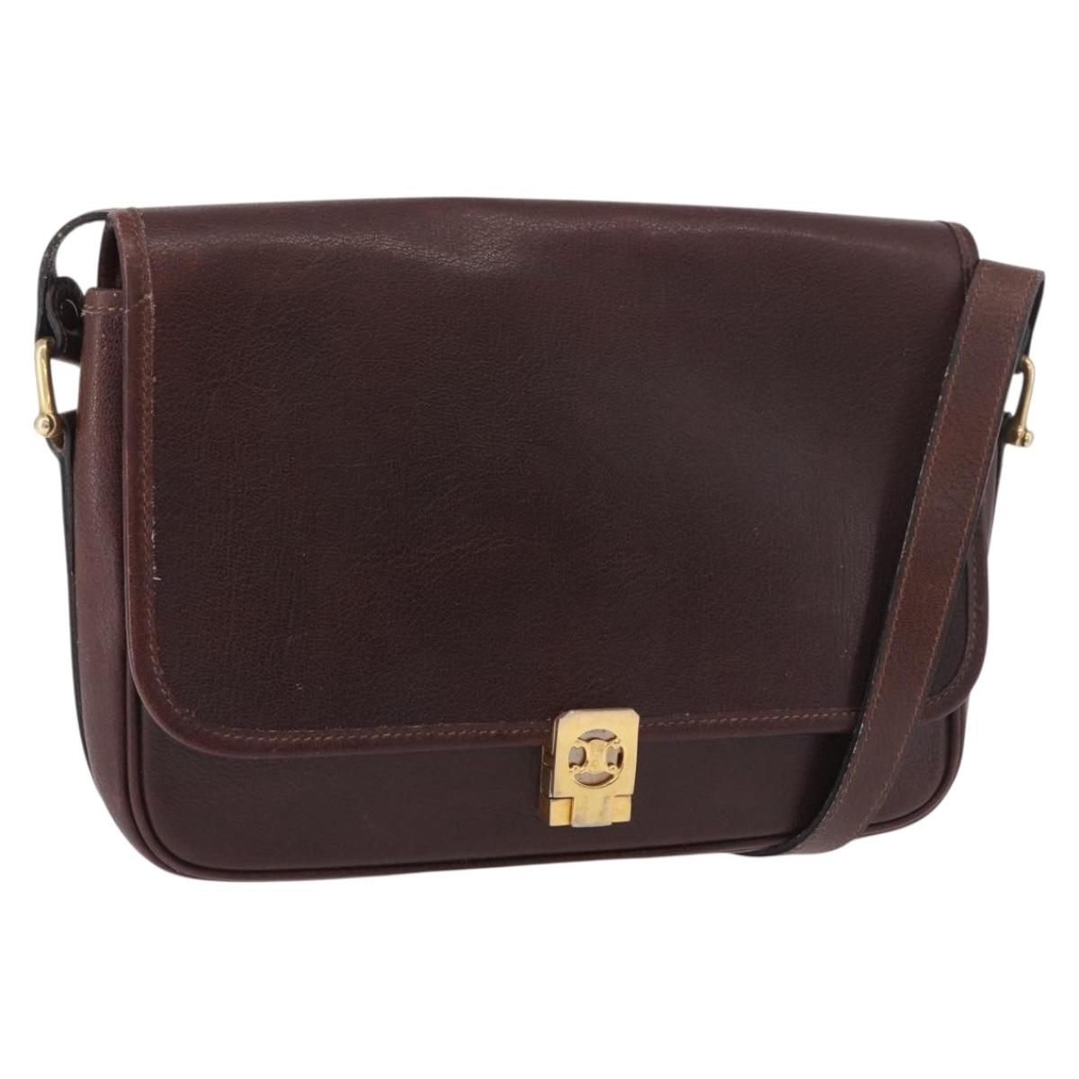 CELINE Shoulder Bag Leather Dark Brown Gold Auth bs35935