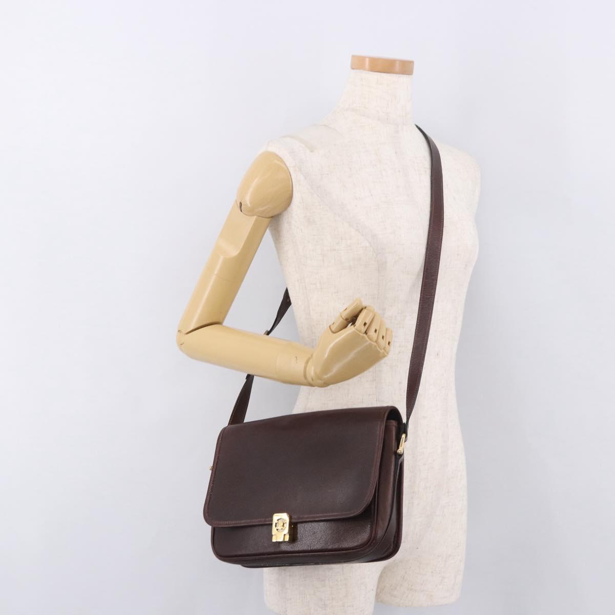 CELINE Shoulder Bag Leather Dark Brown Gold Auth bs35935