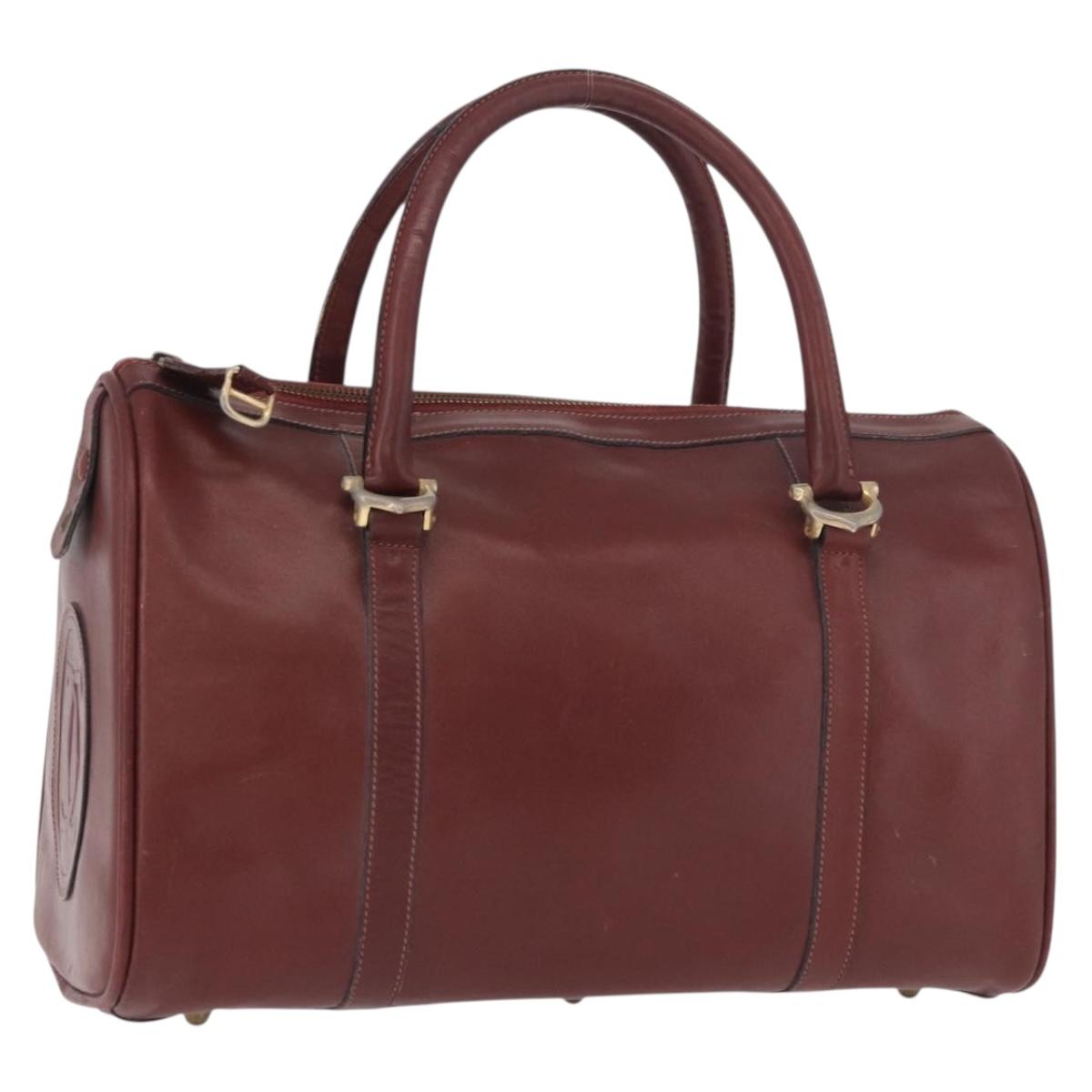 CARTIER Must Line Boston Bag Leather Bordeaux Gold Auth bs35939