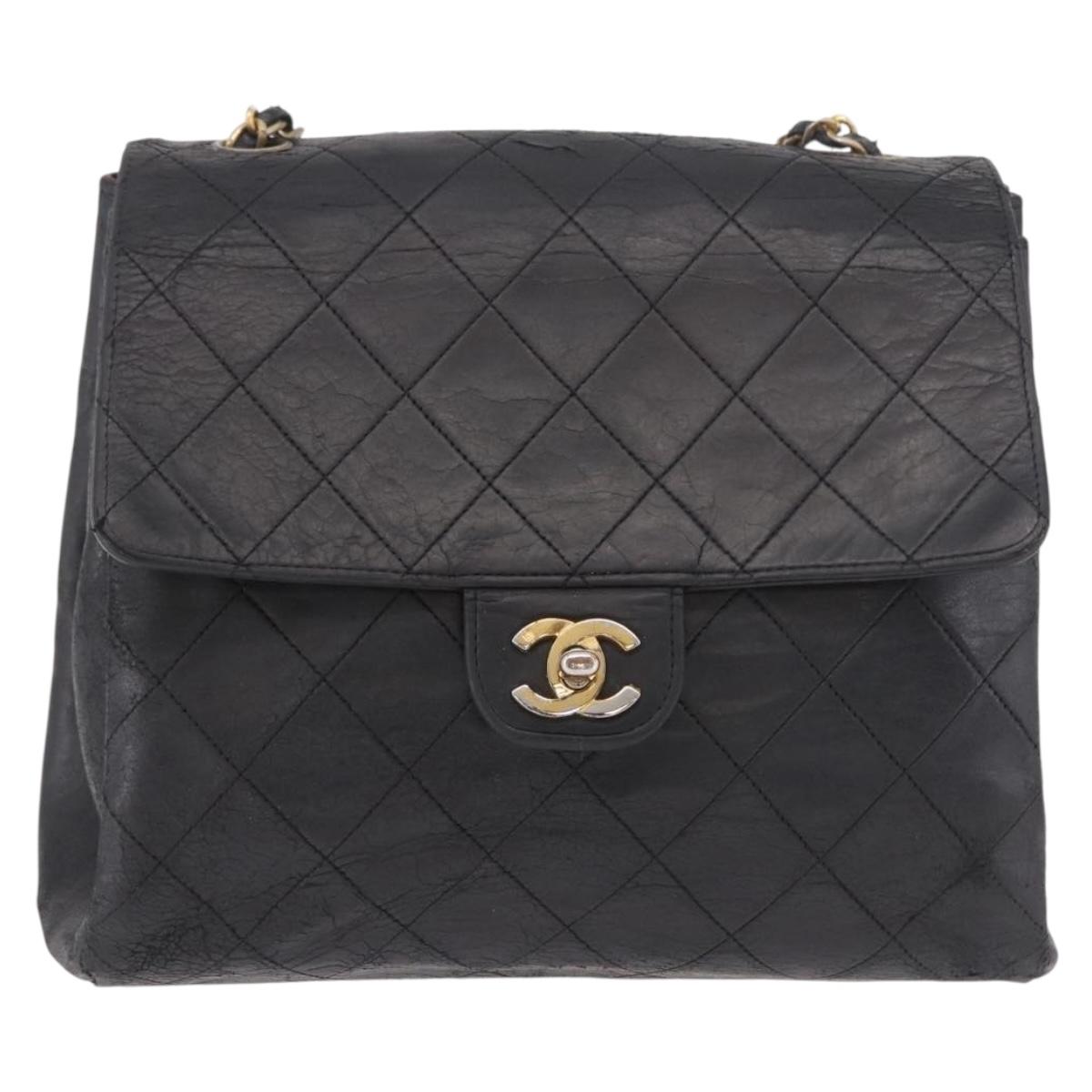 CHANEL Matelasse Chain Shoulder Bag Leather Black Gold CC Auth bs35943