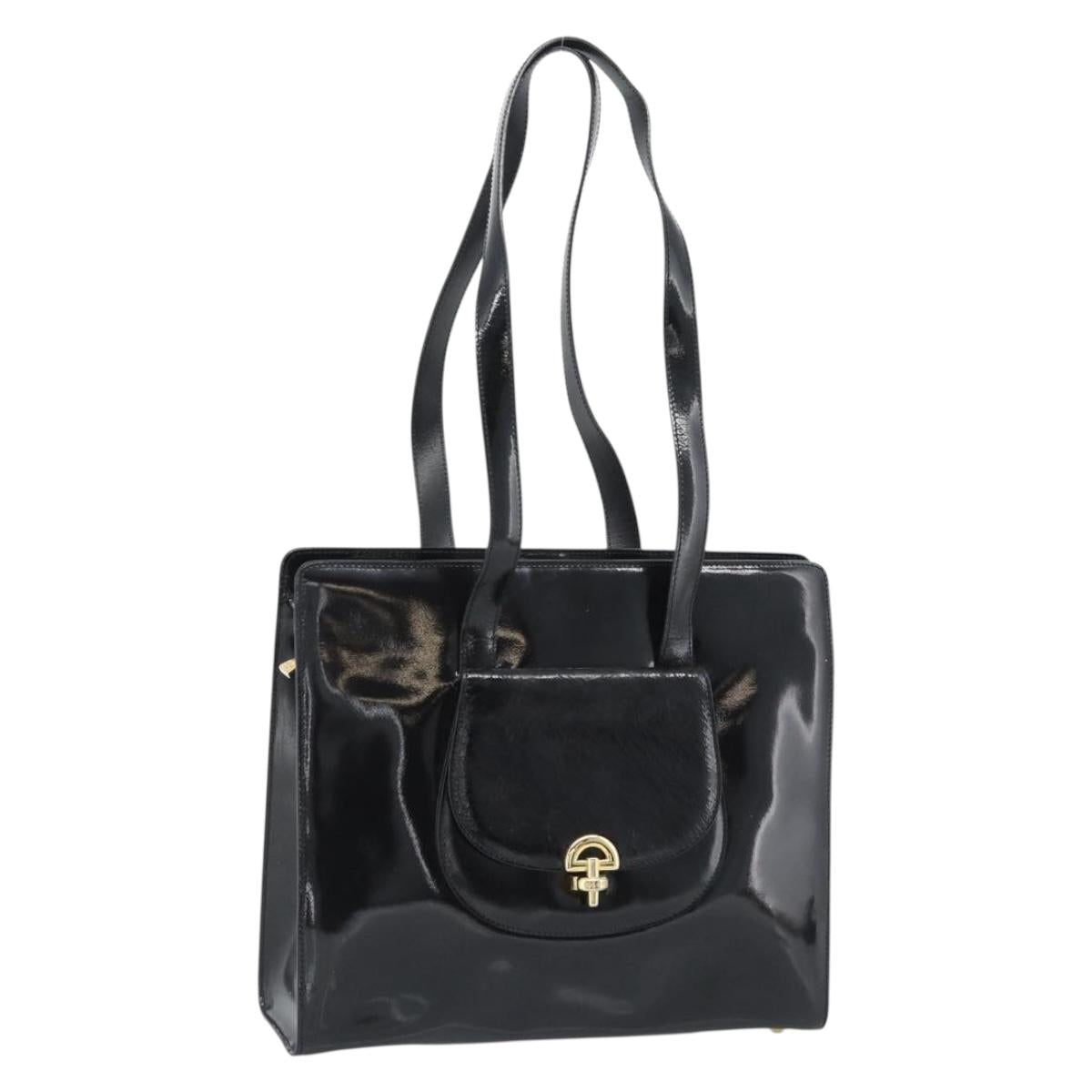 CELINE Tote Bag Patent Black Gold Auth bs35949