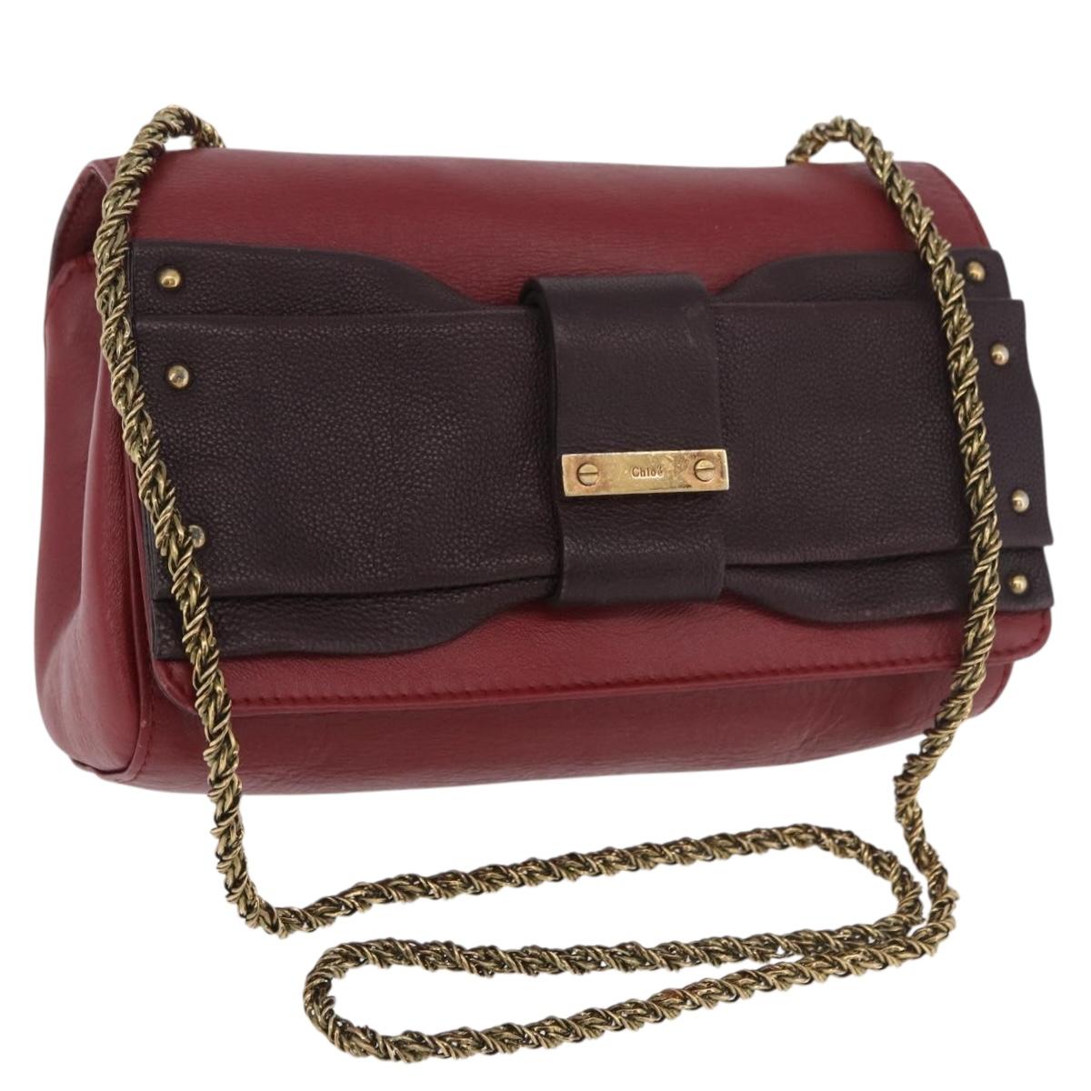 Chloe Ribbon Chain Shoulder Bag Leather Red Gold Auth bs35972A