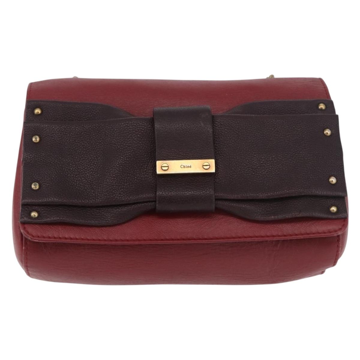 Chloe Ribbon Chain Shoulder Bag Leather Red Gold Auth bs35972A