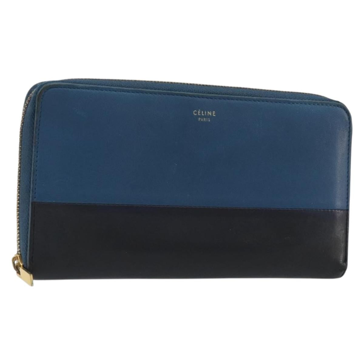 CELINE Long Wallet Leather Blue Black gold Auth bs35975