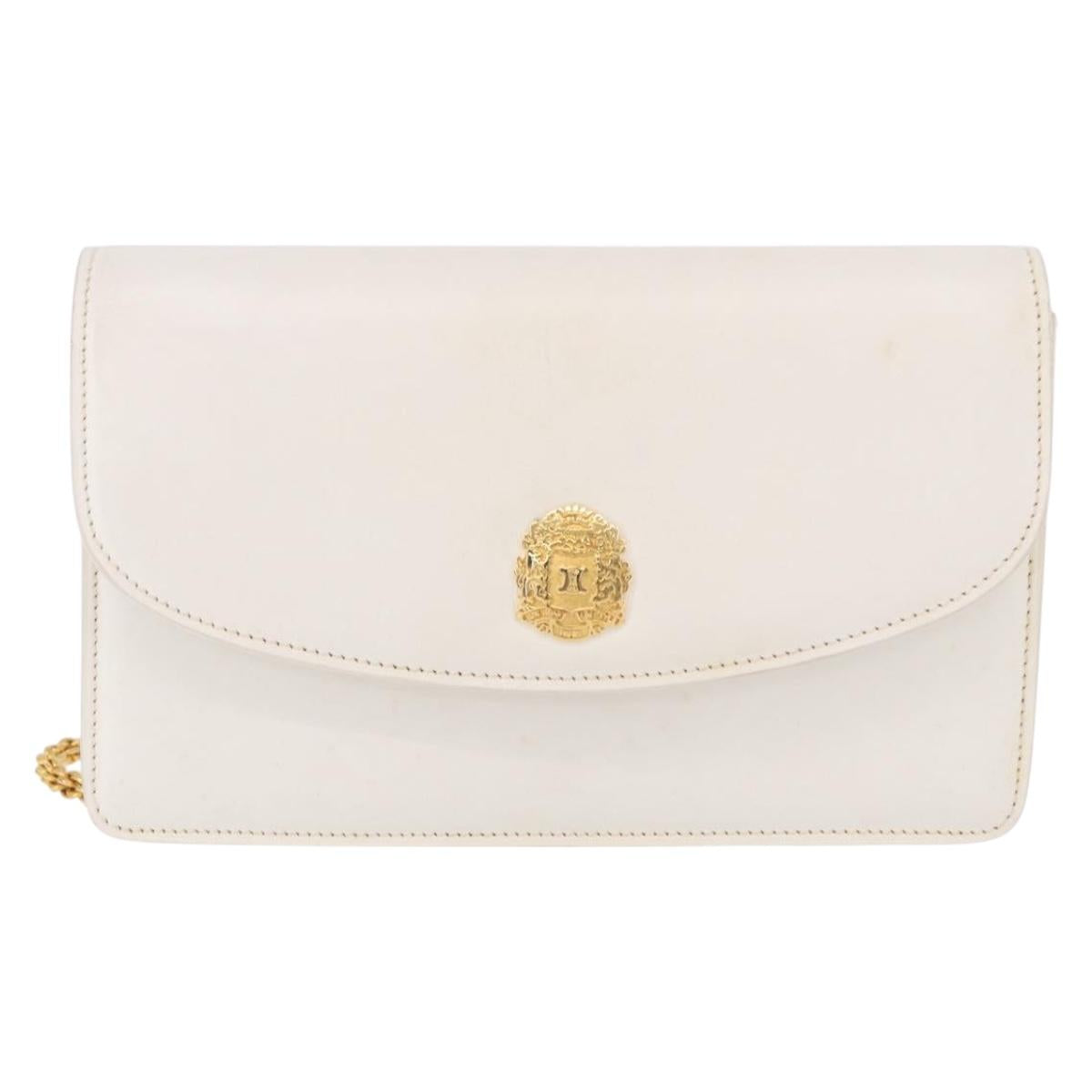 CELINE Chain Shoulder Bag Leather White Gold Auth bs35977