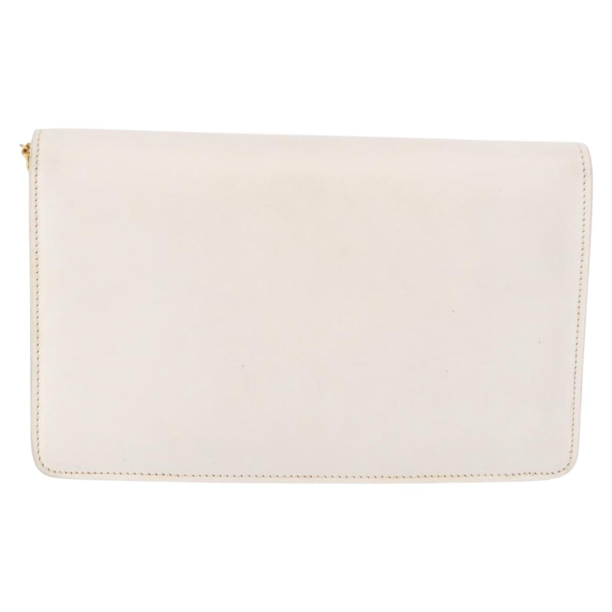 CELINE Chain Shoulder Bag Leather White Gold Auth bs35977