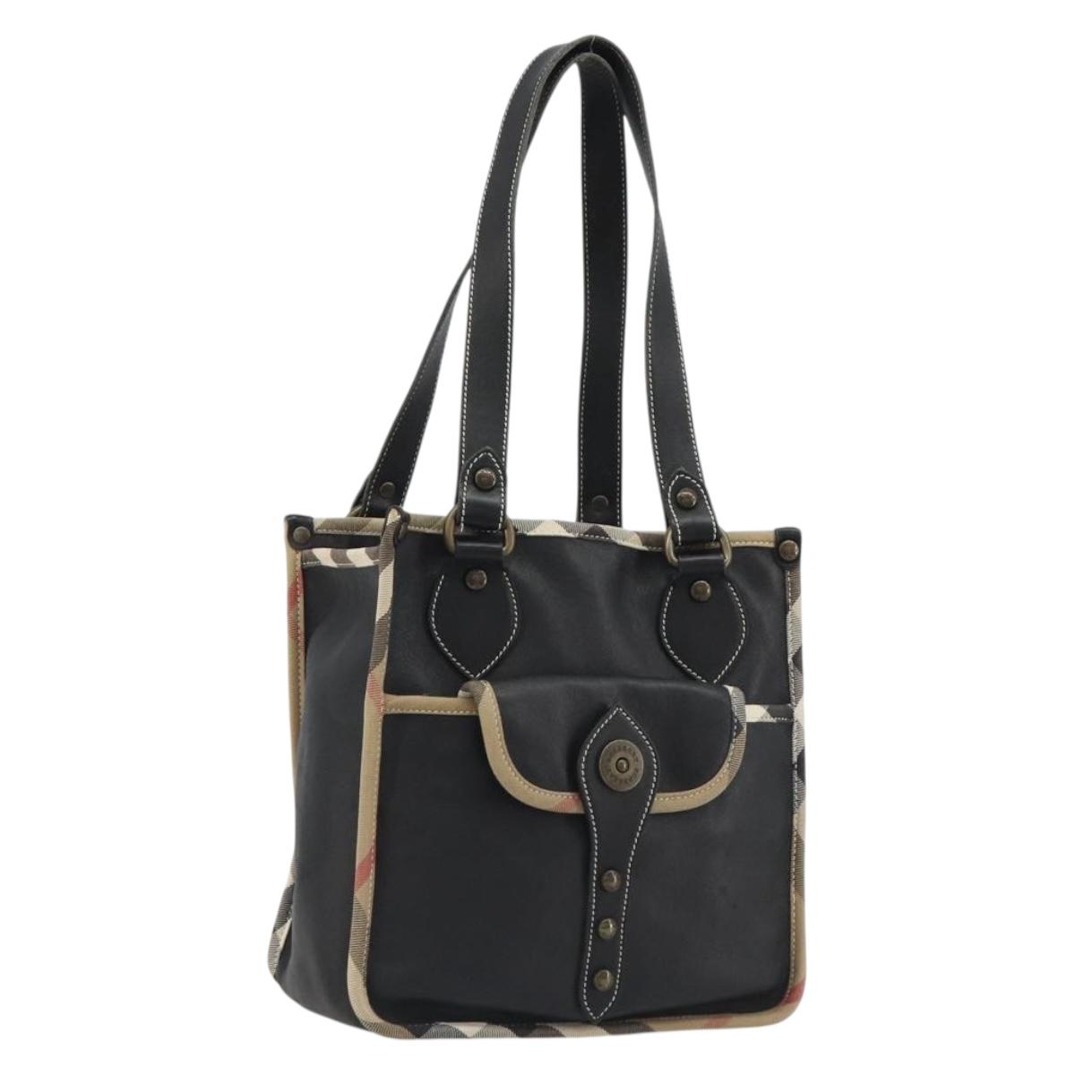 BURBERRY Nova Check Shoulder Bag Leather Canvas Beige Black Auth bs35984A