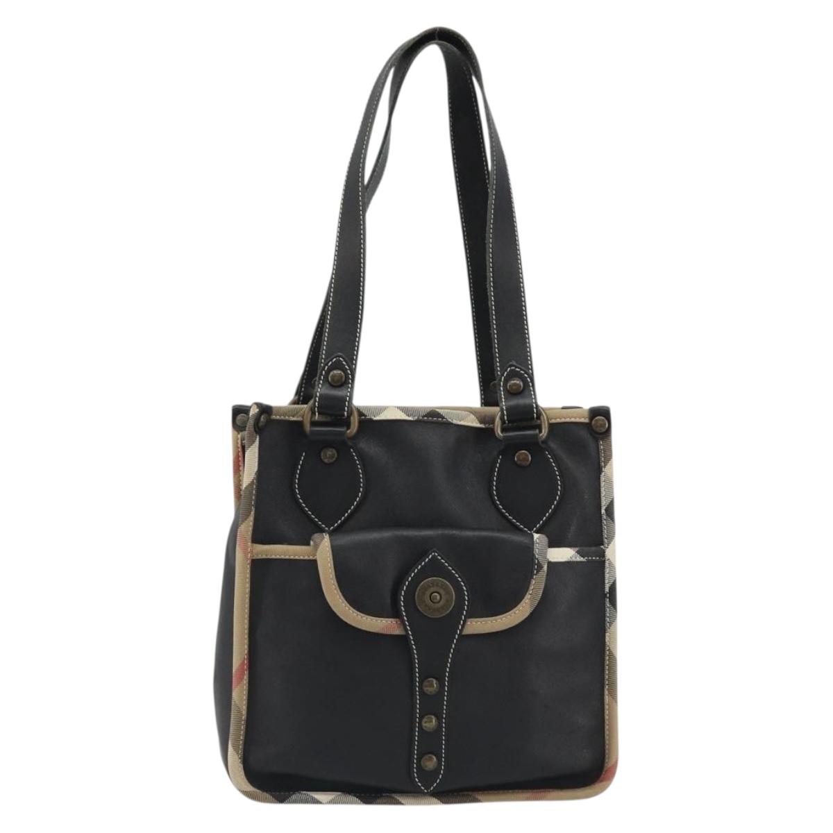 BURBERRY Nova Check Shoulder Bag Leather Canvas Beige Black Auth bs35984A