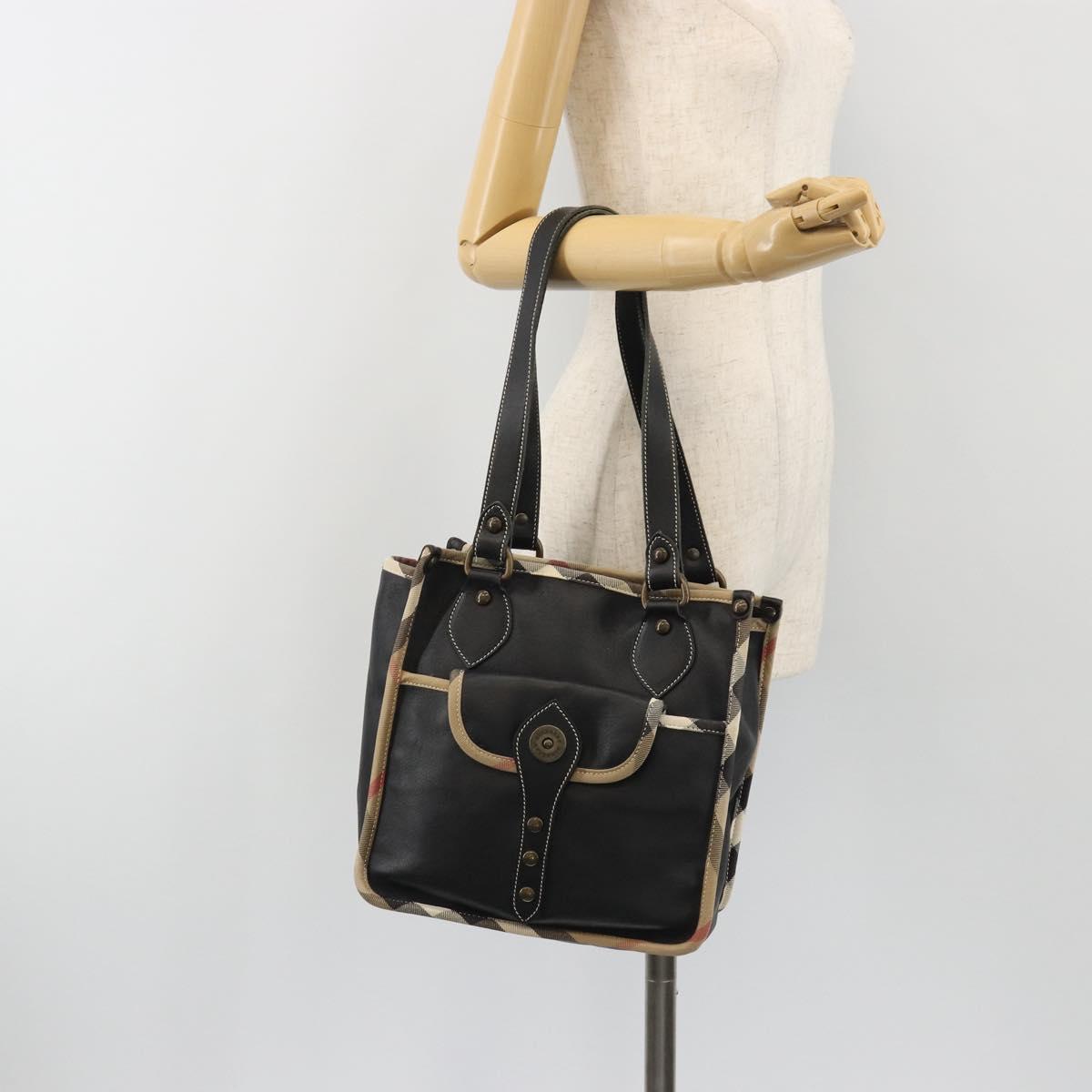 BURBERRY Nova Check Shoulder Bag Leather Canvas Beige Black Auth bs35984A