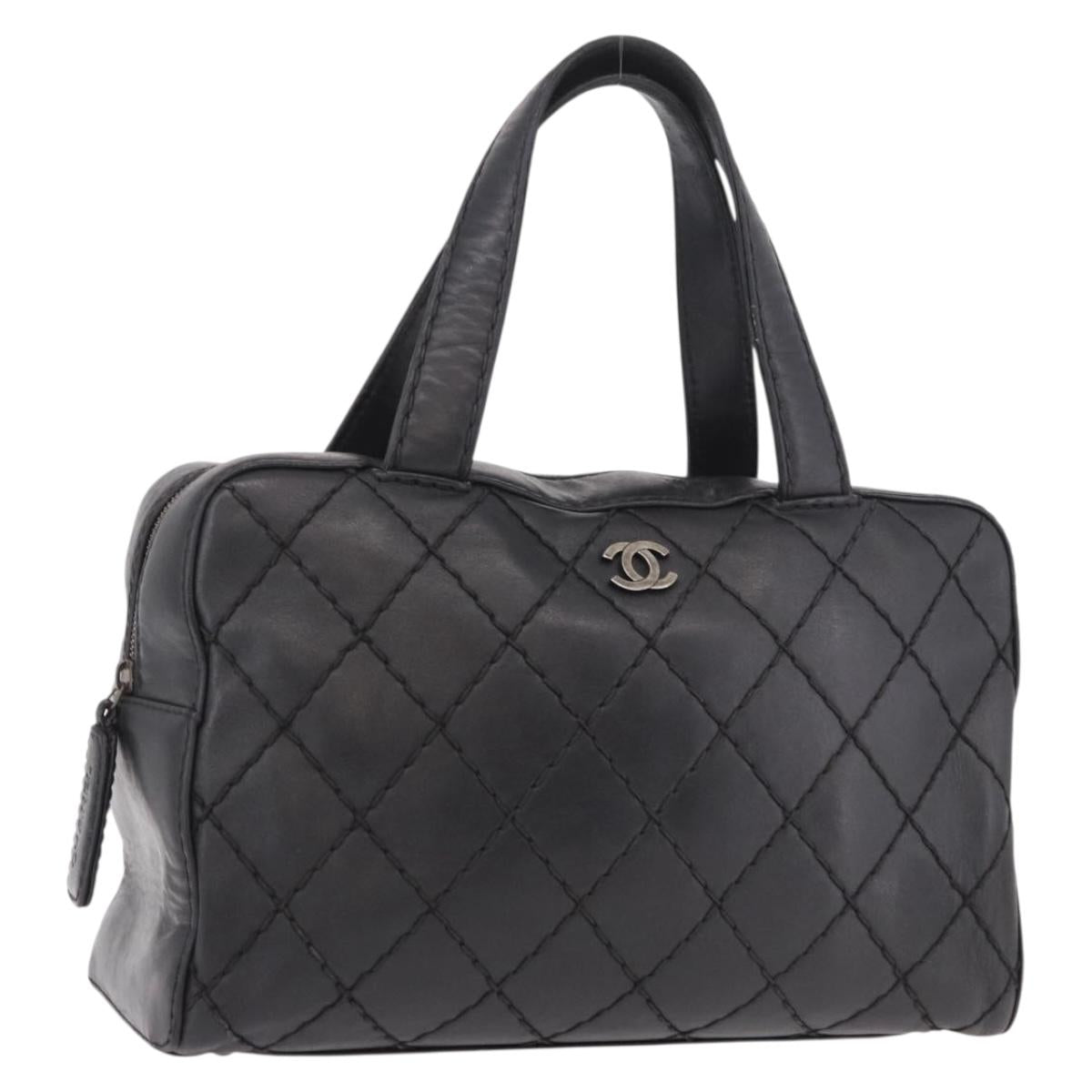 CHANEL Wild Stitch Hand Bag Leather Black CC Auth bs35985
