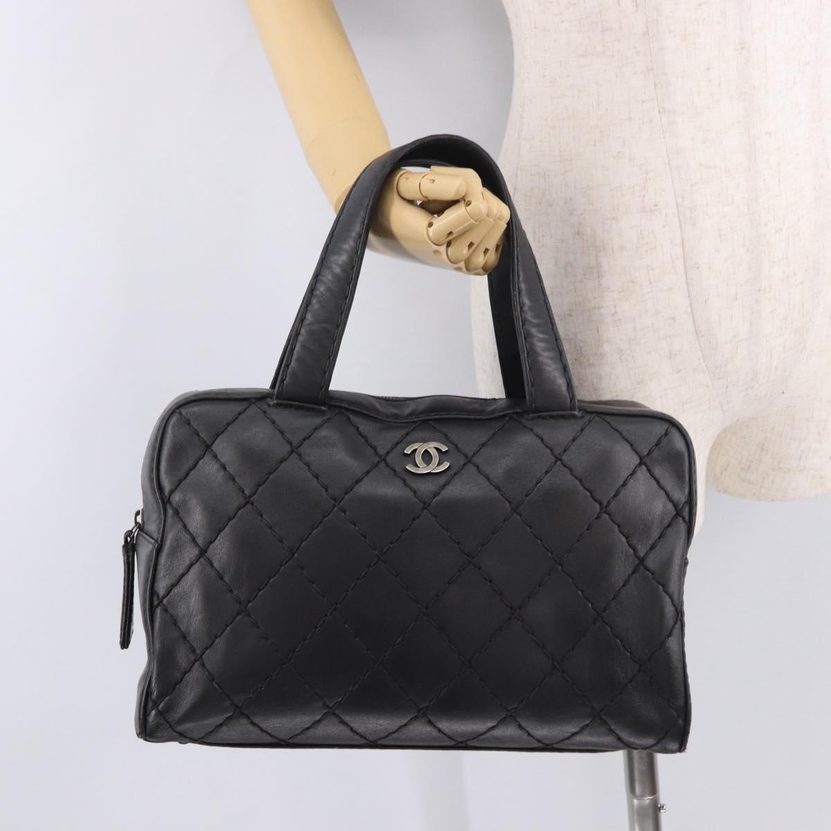CHANEL Wild Stitch Hand Bag Leather Black CC Auth bs35985