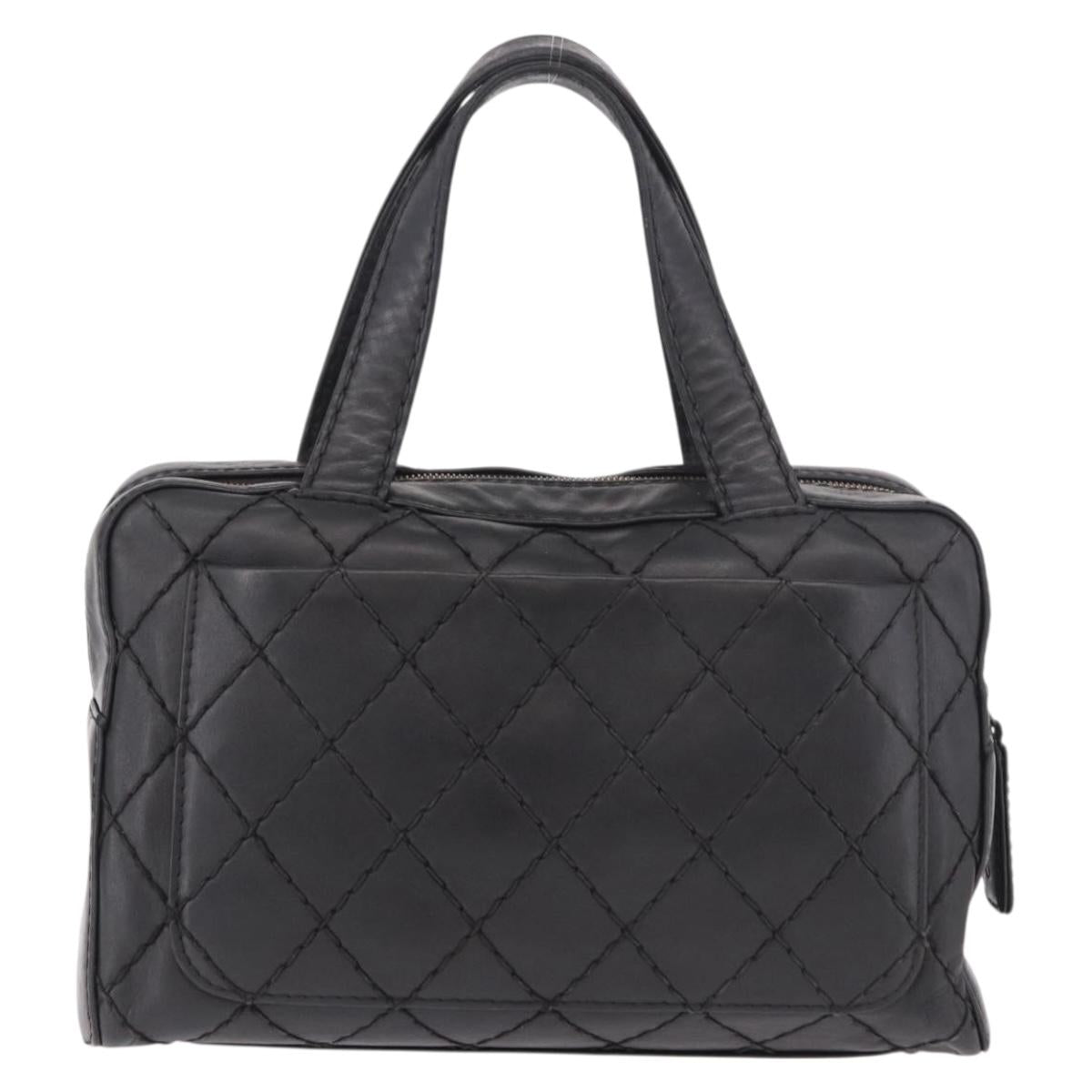 CHANEL Wild Stitch Hand Bag Leather Black CC Auth bs35985
