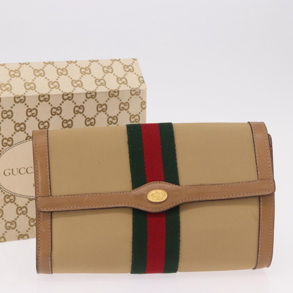 GUCCI Web Sherry Line Clutch Bag Canvas Beige Gold 010 378 Auth bs35987