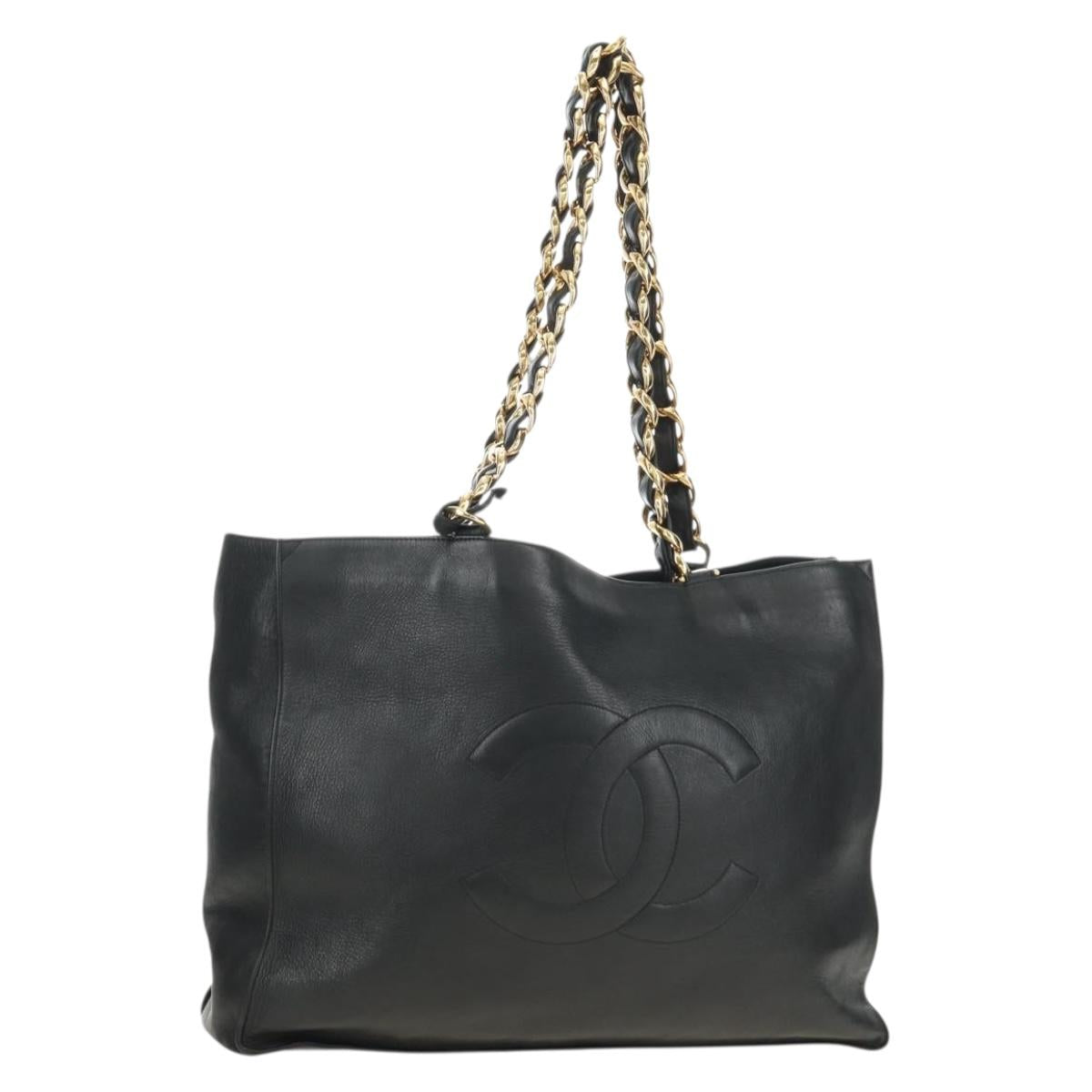 CHANEL COCO Mark Chain Tote Bag Leather Black Gold CC Auth bs35989V