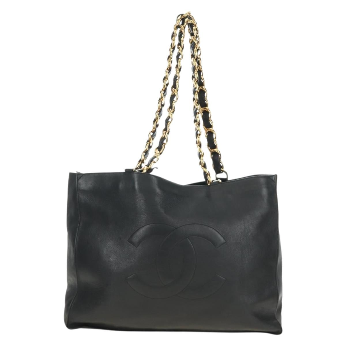 CHANEL COCO Mark Chain Tote Bag Leather Black Gold CC Auth bs35989V