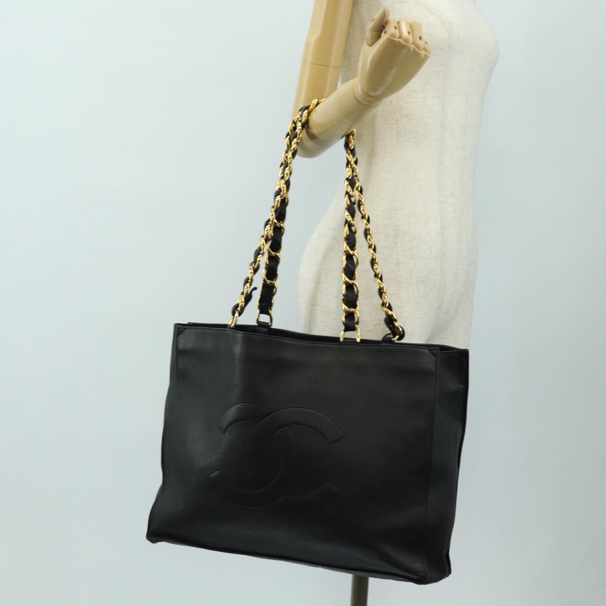 CHANEL COCO Mark Chain Tote Bag Leather Black Gold CC Auth bs35989V