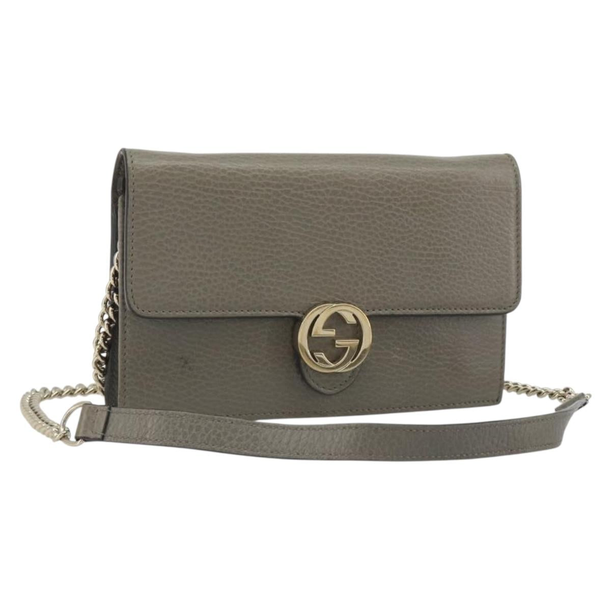 GUCCI Chain Interlocking Shoulder Wallet Leather Gray Gold 510314 Auth bs35991