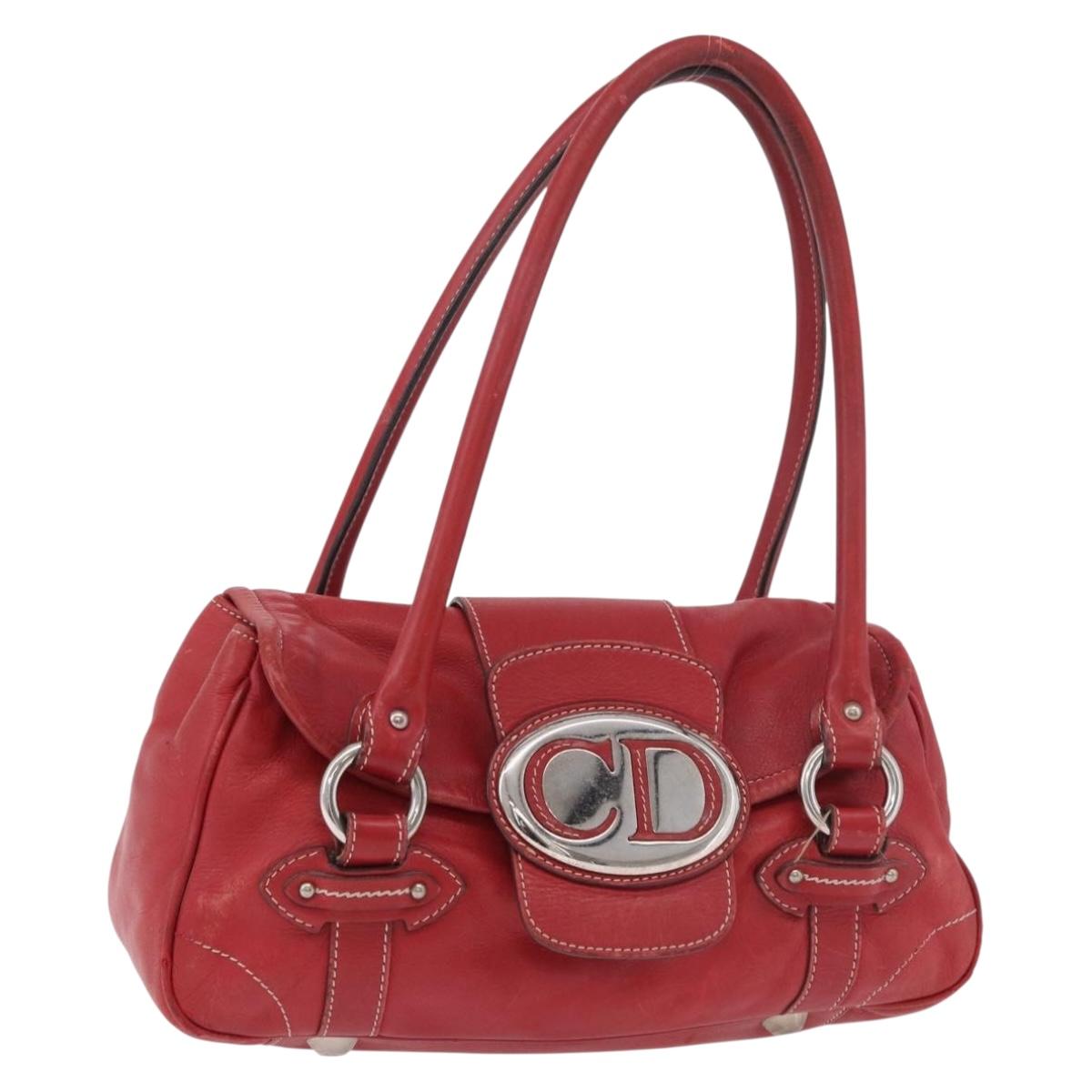 Christian Dior Hand Bag Leather Red Silver Auth bs35993