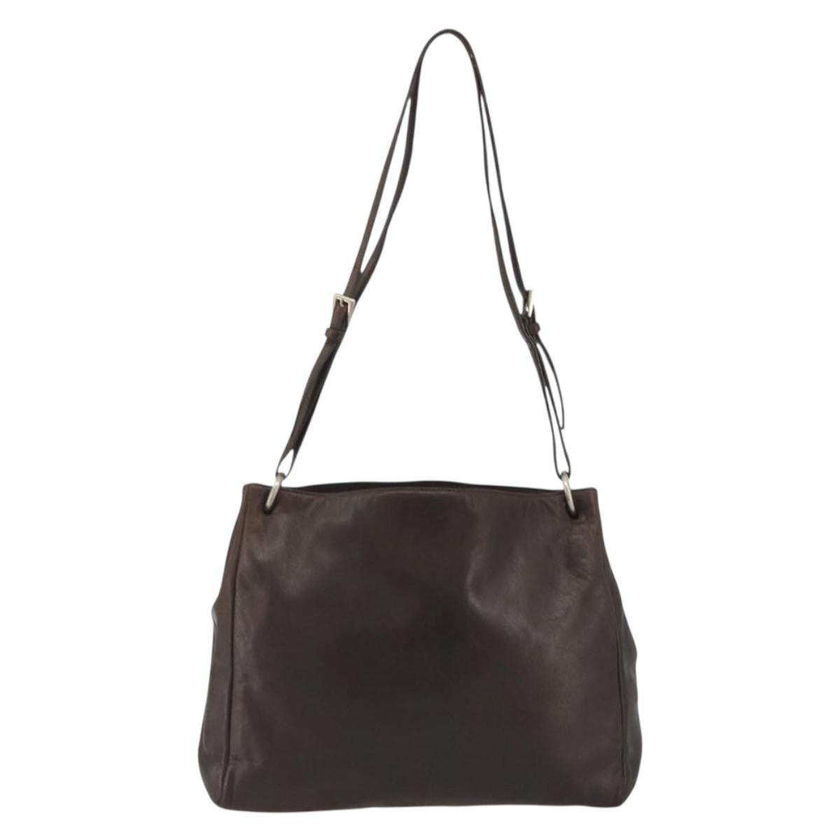 PRADA Shoulder Bag Leather Dark Brown Silver Auth bs35994
