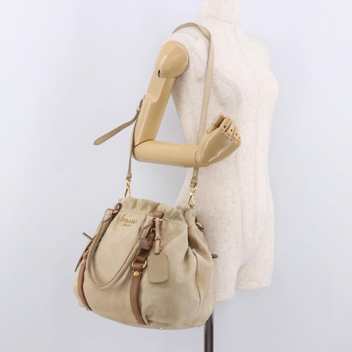 PRADA Tote Bag Leather 2way Beige Gold Auth bs36021