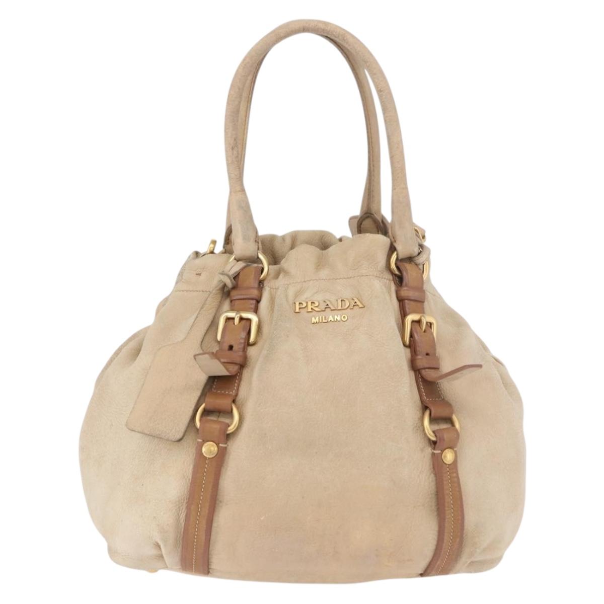 PRADA Tote Bag Leather 2way Beige Gold Auth bs36021