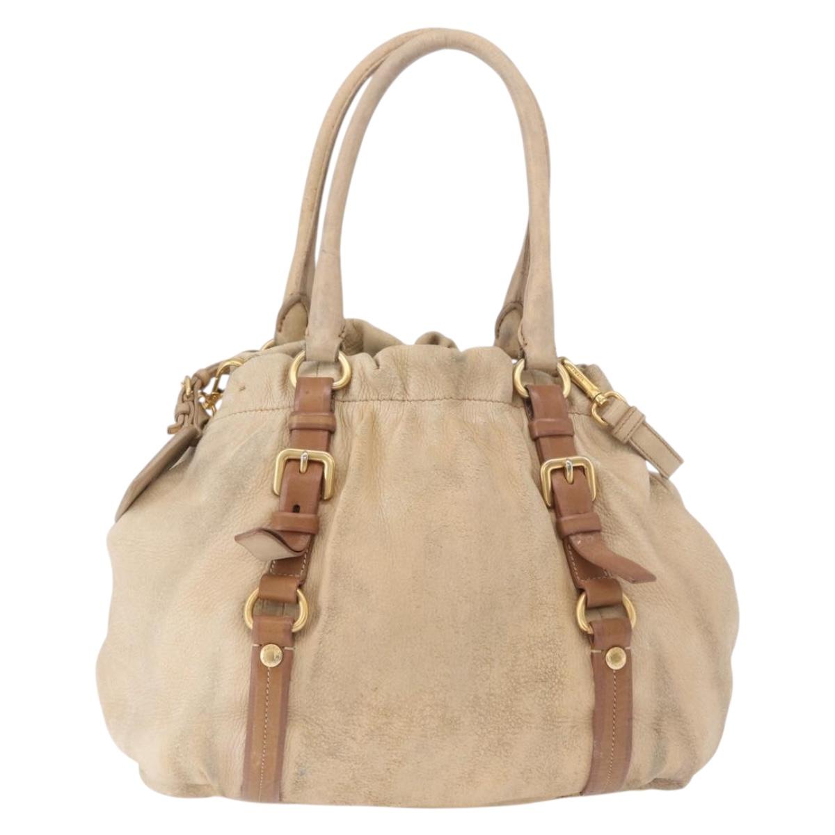 PRADA Tote Bag Leather 2way Beige Gold Auth bs36021