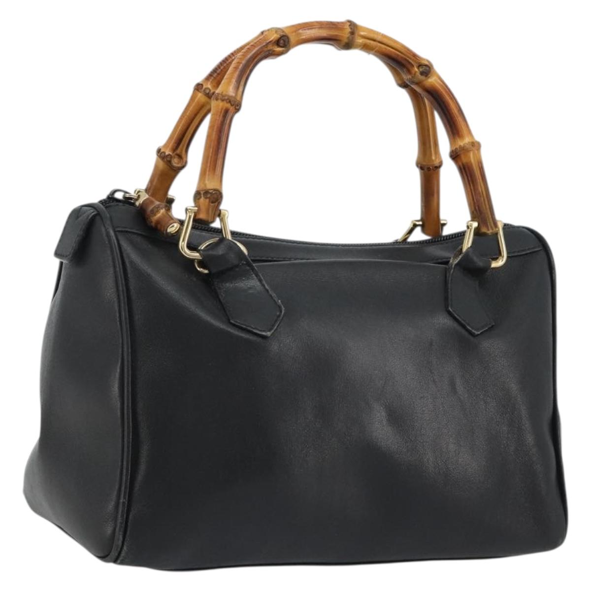 GUCCI Bamboo Hand Bag Leather Black Gold 000 122 0294 Auth bs36025