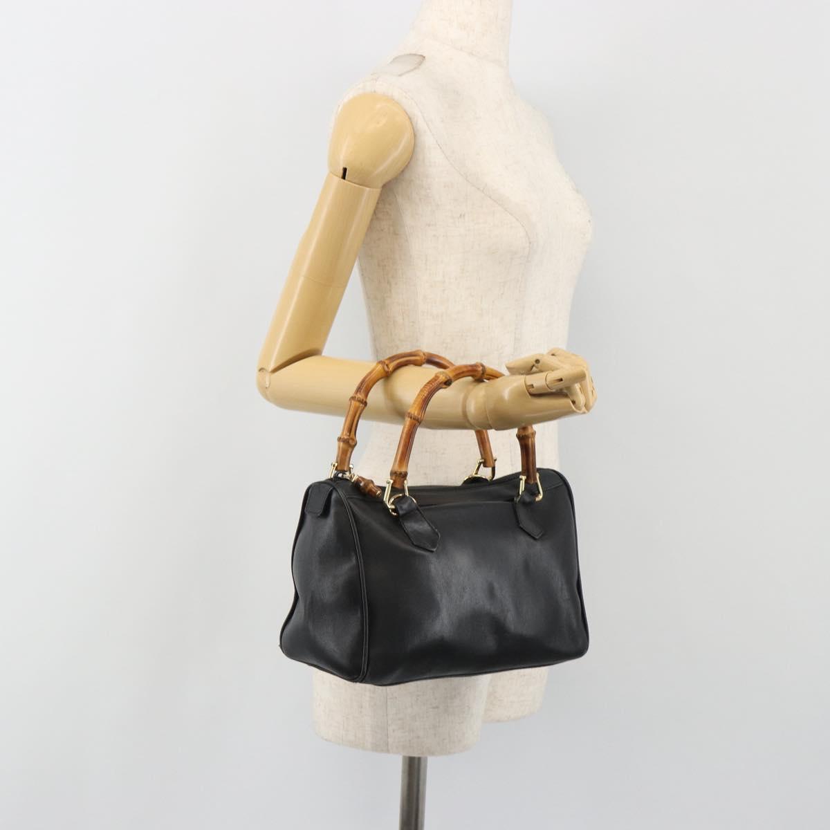 GUCCI Bamboo Hand Bag Leather Black Gold 000 122 0294 Auth bs36025