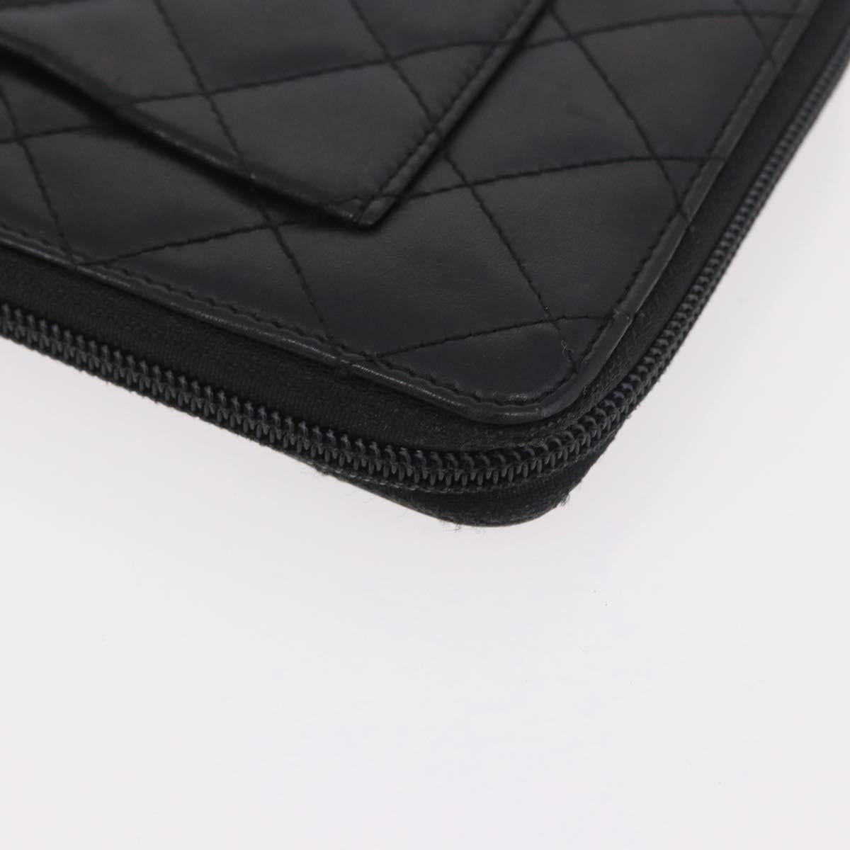CHANEL Cambon Line Long Wallet Lamb Skin Black CC Auth bs36030
