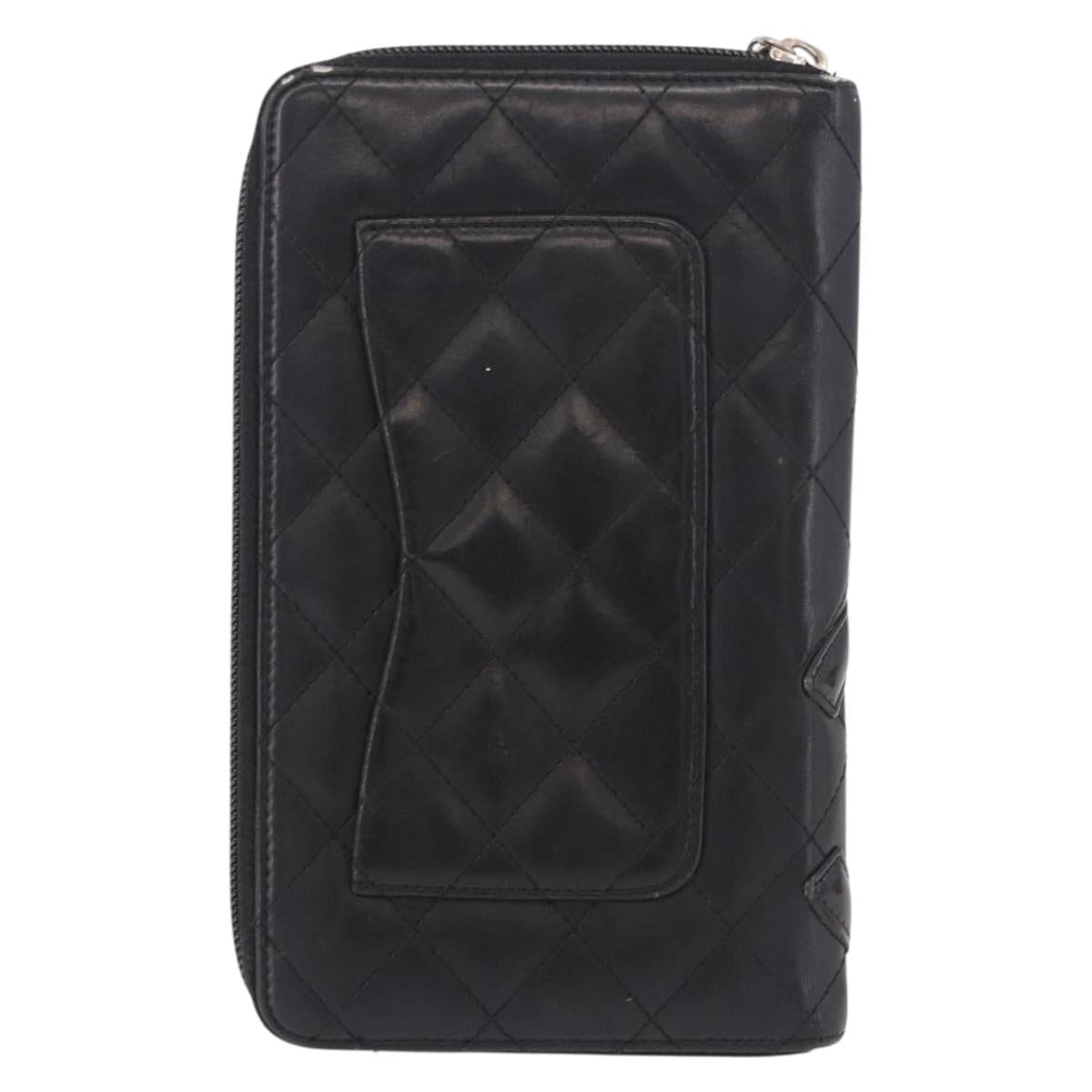 CHANEL Cambon Line Long Wallet Lamb Skin Black CC Auth bs36030