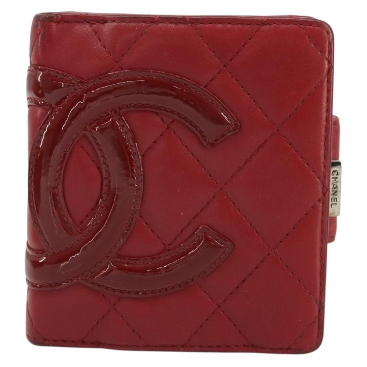 CHANEL Matelasse Long Wallet Lamb Skin Red Silver CC Auth bs36032