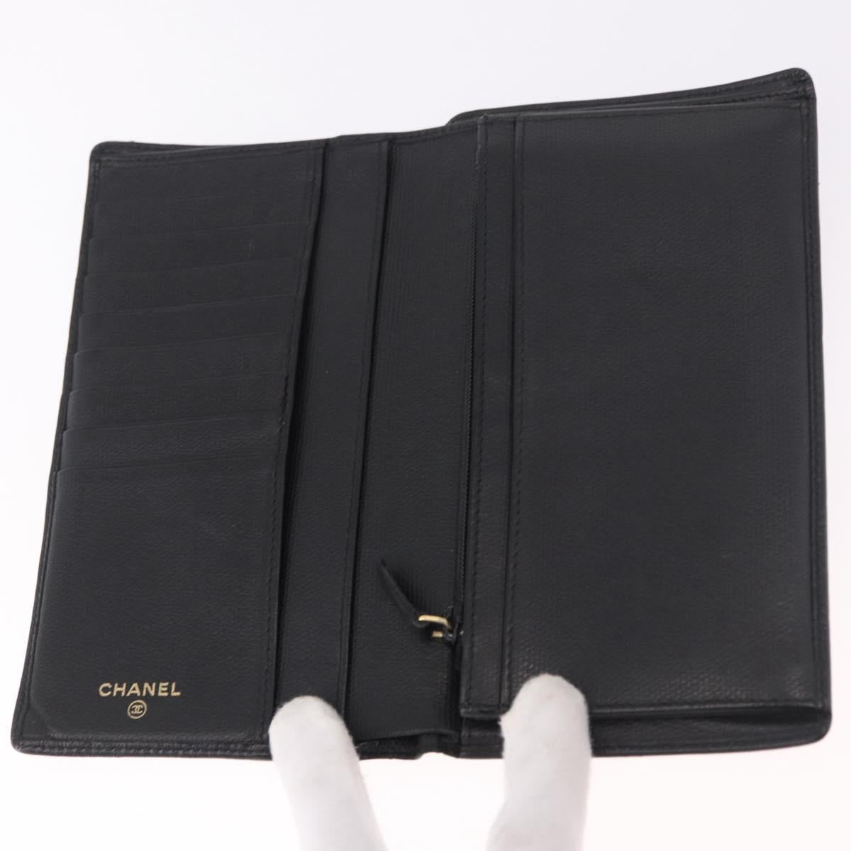 CHANEL Long Wallet Leather Black Gold CC Auth bs36037