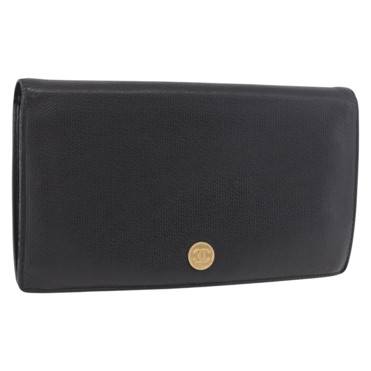 CHANEL Long Wallet Leather Black Gold CC Auth bs36037