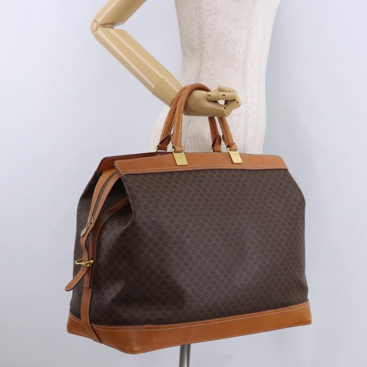 CELINE Macadam Canvas Boston Bag PVC Leather Brown Gold Auth bs36062