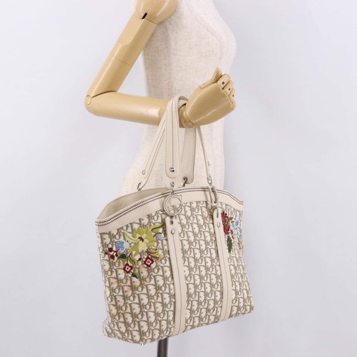 Christian Dior Trotter Canvas Hand Bag Beige Silver Auth bs36071