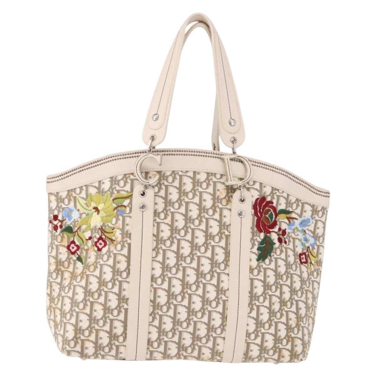 Christian Dior Trotter Canvas Hand Bag Beige Silver Auth bs36071