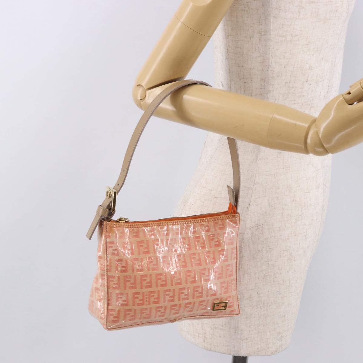 FENDI Zucchino Canvas Hand Pouch Coated Canvas Pink Gold Auth bs36075
