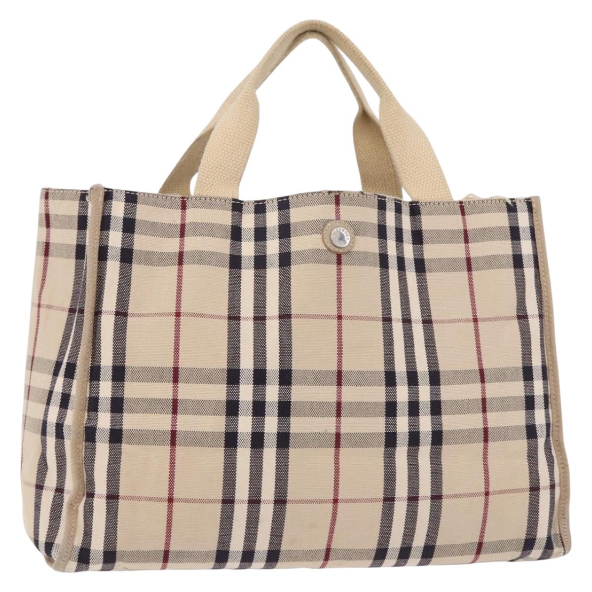 BURBERRY Nova Check Hand Bag Canvas Beige Silver Auth bs36078