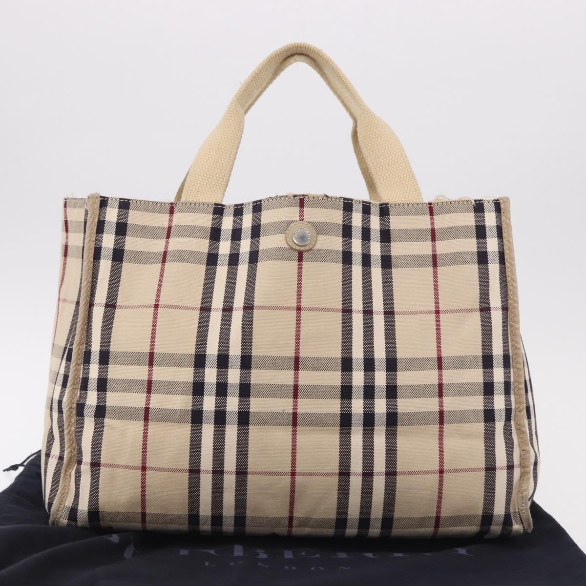 BURBERRY Nova Check Hand Bag Canvas Beige Silver Auth bs36078
