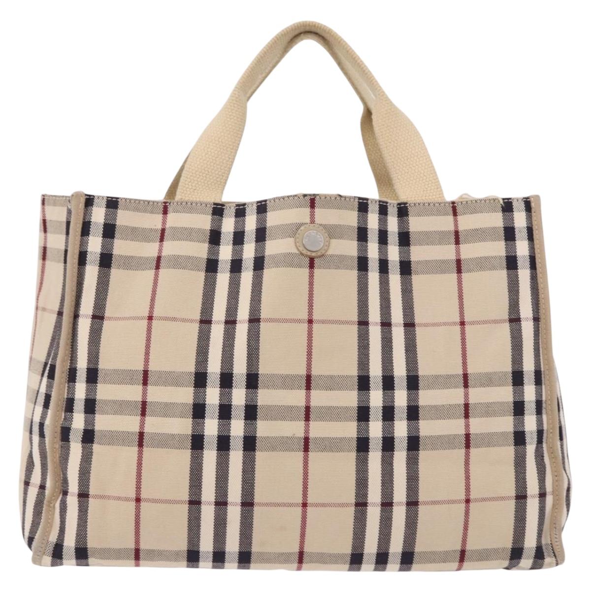 BURBERRY Nova Check Hand Bag Canvas Beige Silver Auth bs36078