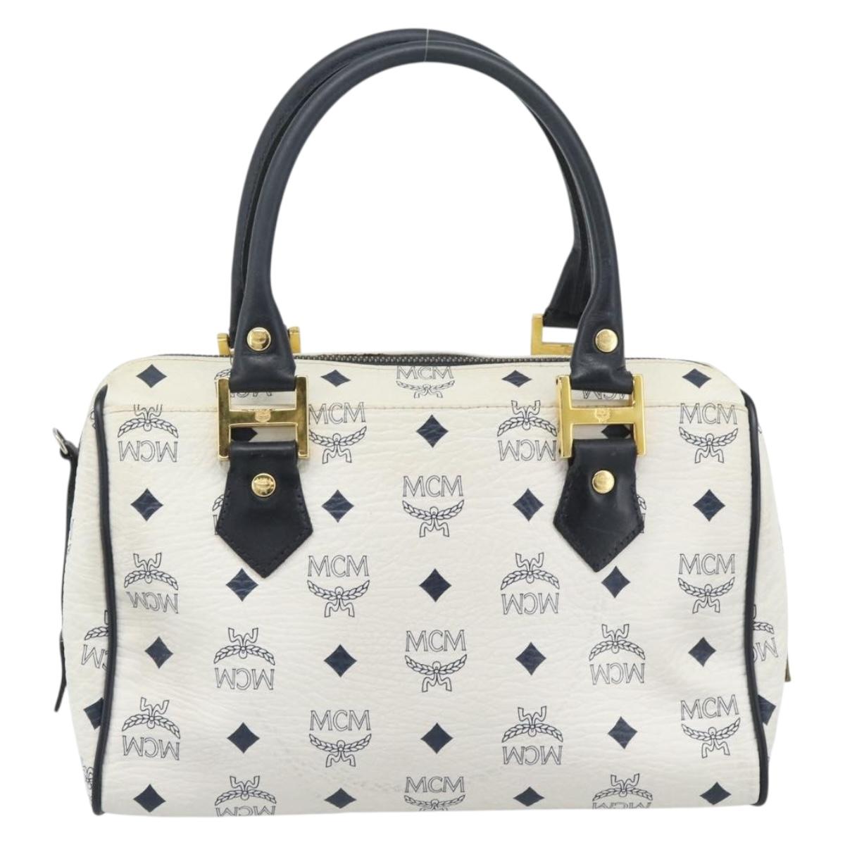 MCM Vicetos Logogram Hand Bag PVC Leather White Gold Auth bs36079