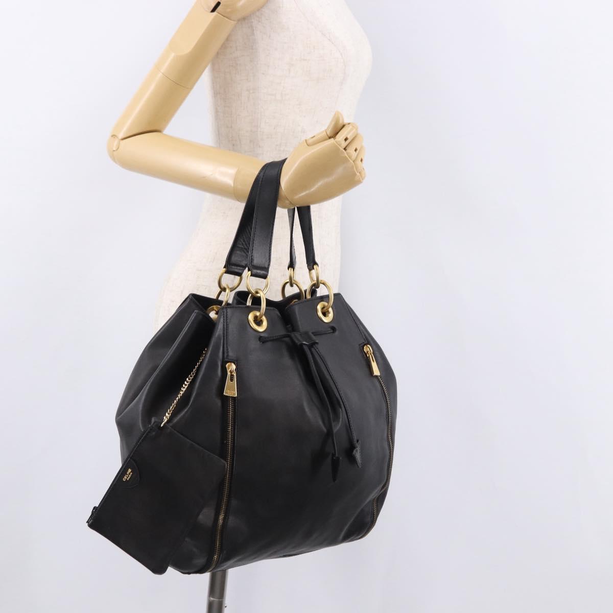 CELINE Hand Bag Leather Black Gold Auth bs36094V