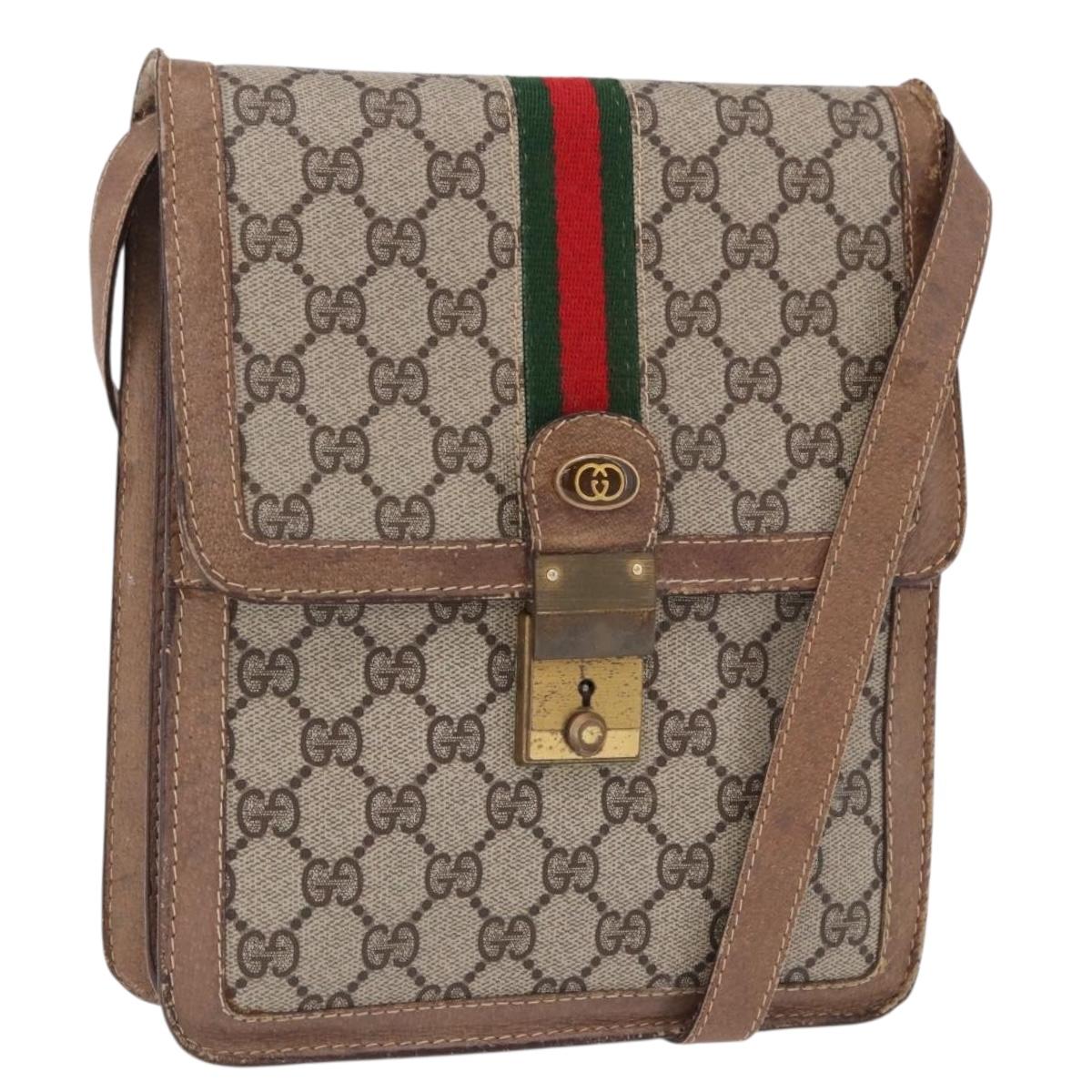 GUCCI GG Supreme Web Sherry Line Shoulder Bag PVC Beige Gold Auth bs36095