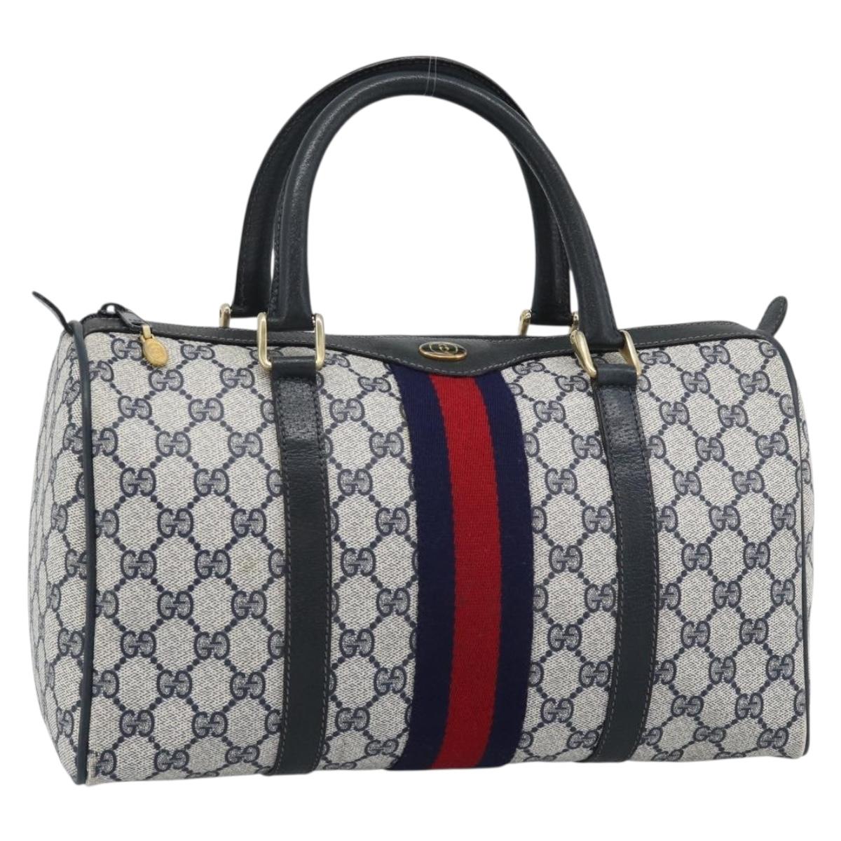 GUCCI GG Supreme Sherry Line Boston Bag PVC Navy Gold 012 3842 39 Auth bs36096