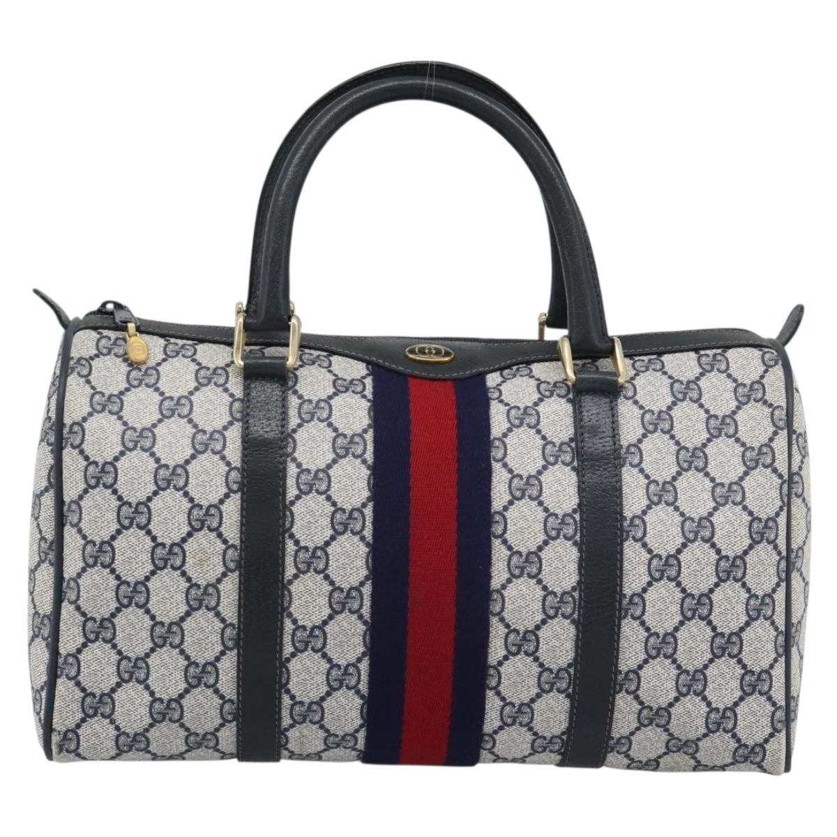 GUCCI GG Supreme Sherry Line Boston Bag PVC Navy Gold 012 3842 39 Auth bs36096