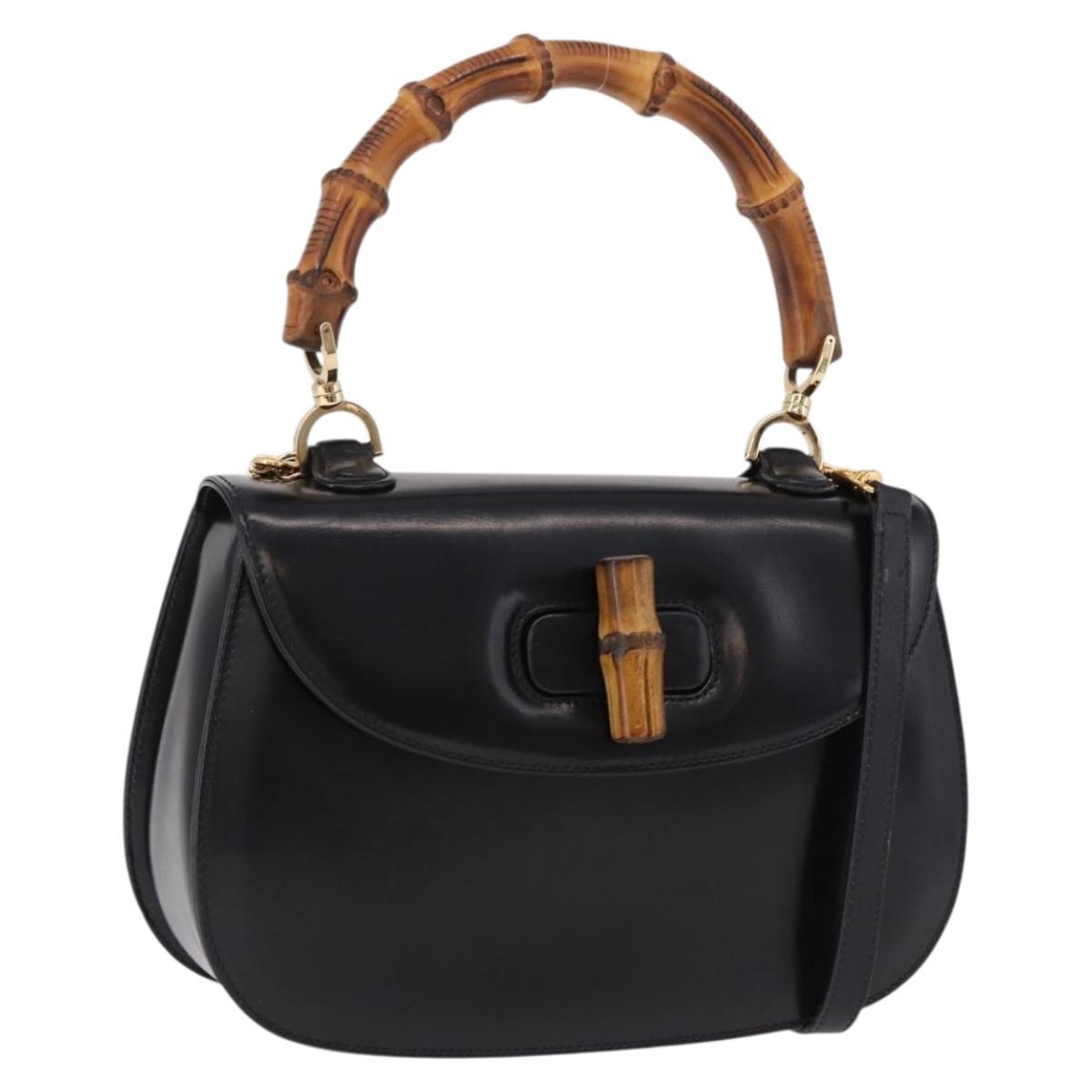 GUCCI Bamboo Hand Bag Leather 2way Black Gold 000 1364 0633 Auth bs36097V