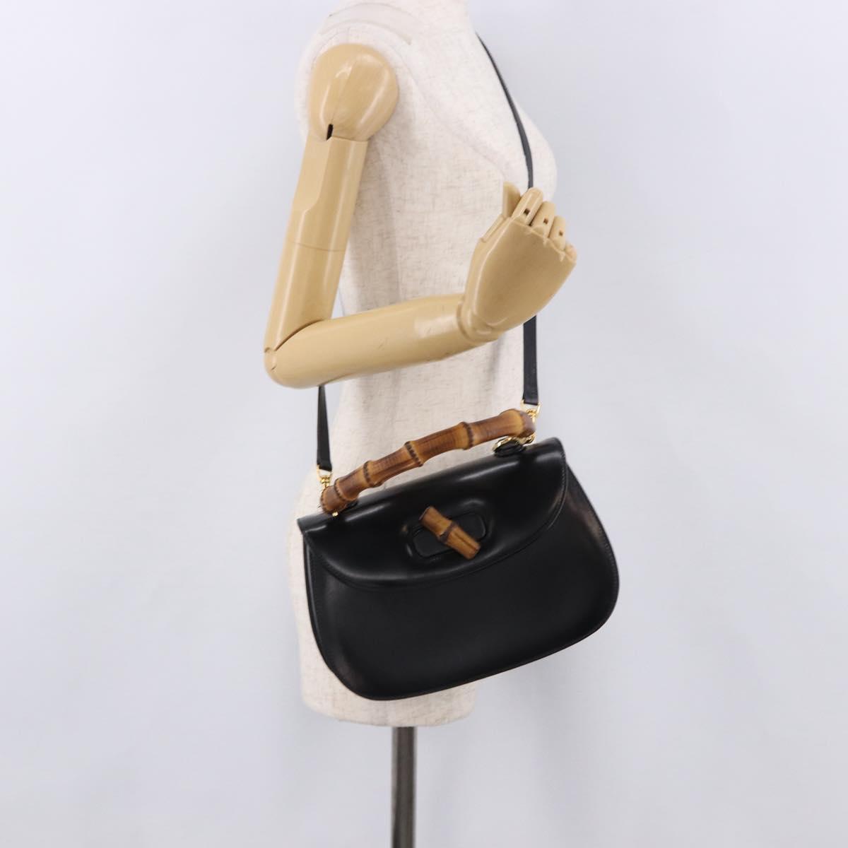 GUCCI Bamboo Hand Bag Leather 2way Black Gold 000 1364 0633 Auth bs36097V
