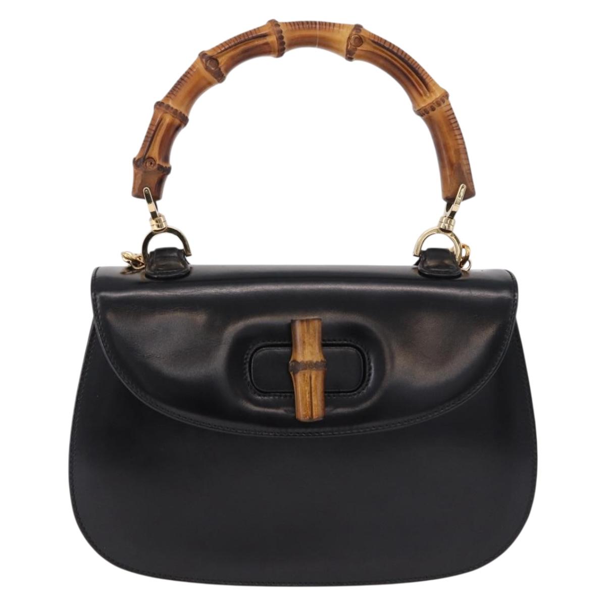 GUCCI Bamboo Hand Bag Leather 2way Black Gold 000 1364 0633 Auth bs36097V