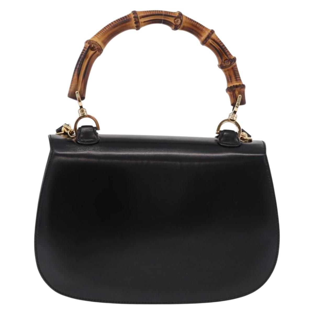 GUCCI Bamboo Hand Bag Leather 2way Black Gold 000 1364 0633 Auth bs36097V